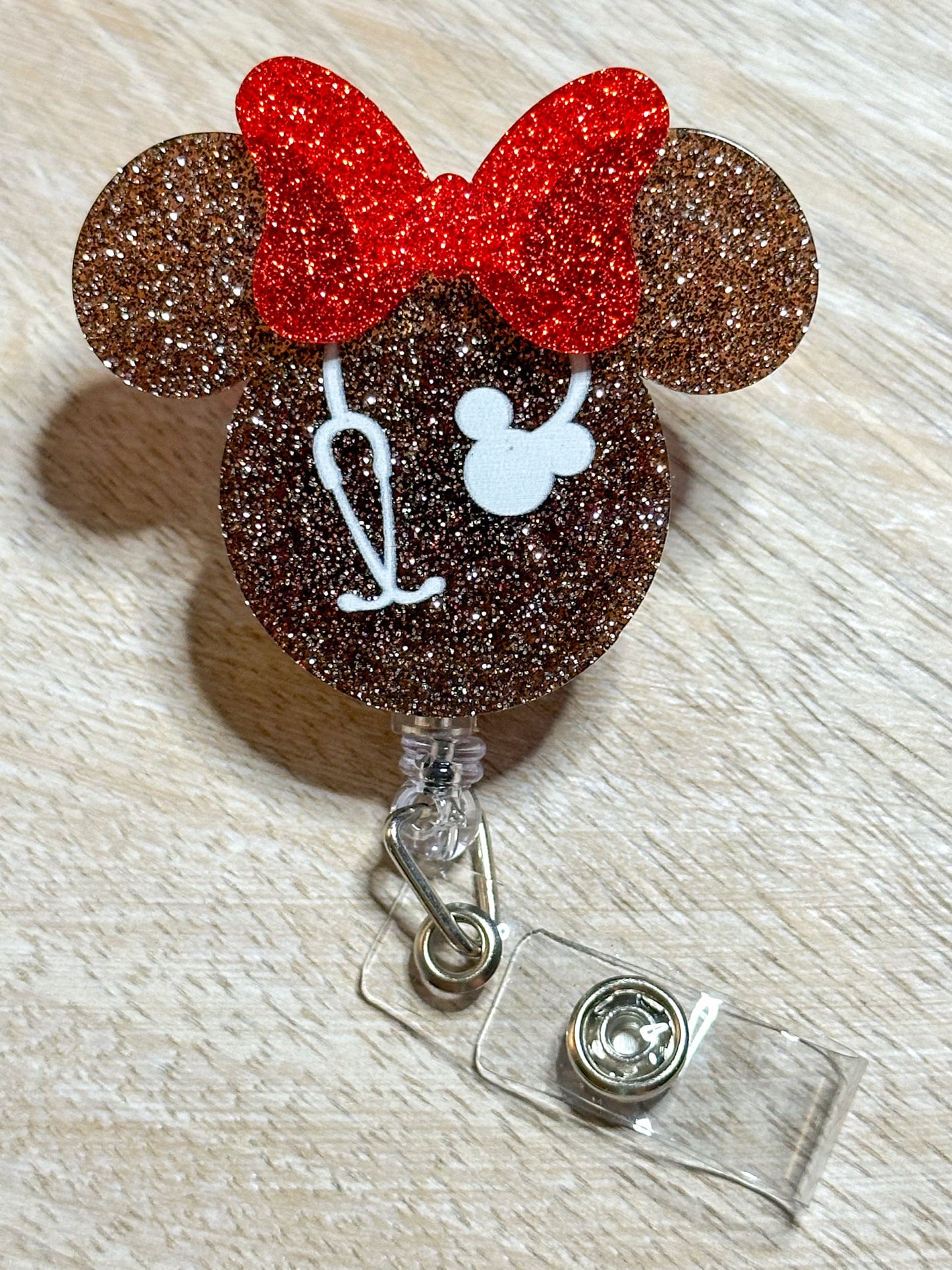 Brown Glitter Mickey Stethoscope Badge Reel