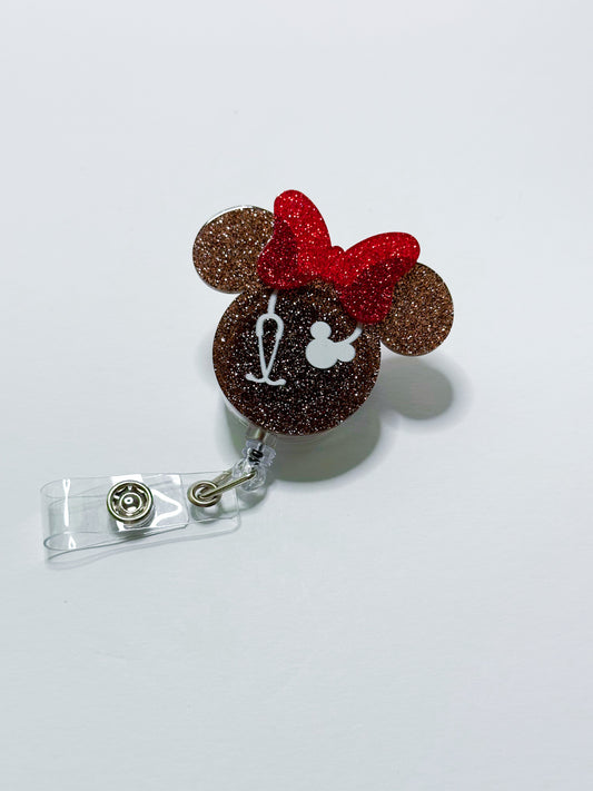 Brown Glitter Mickey Stethoscope Badge Reel